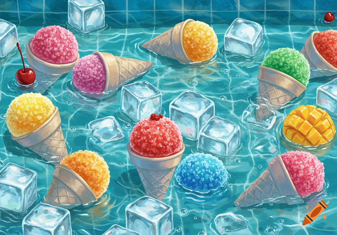 Illustrated colorful snow cones and ice cubes float in blue pool water.