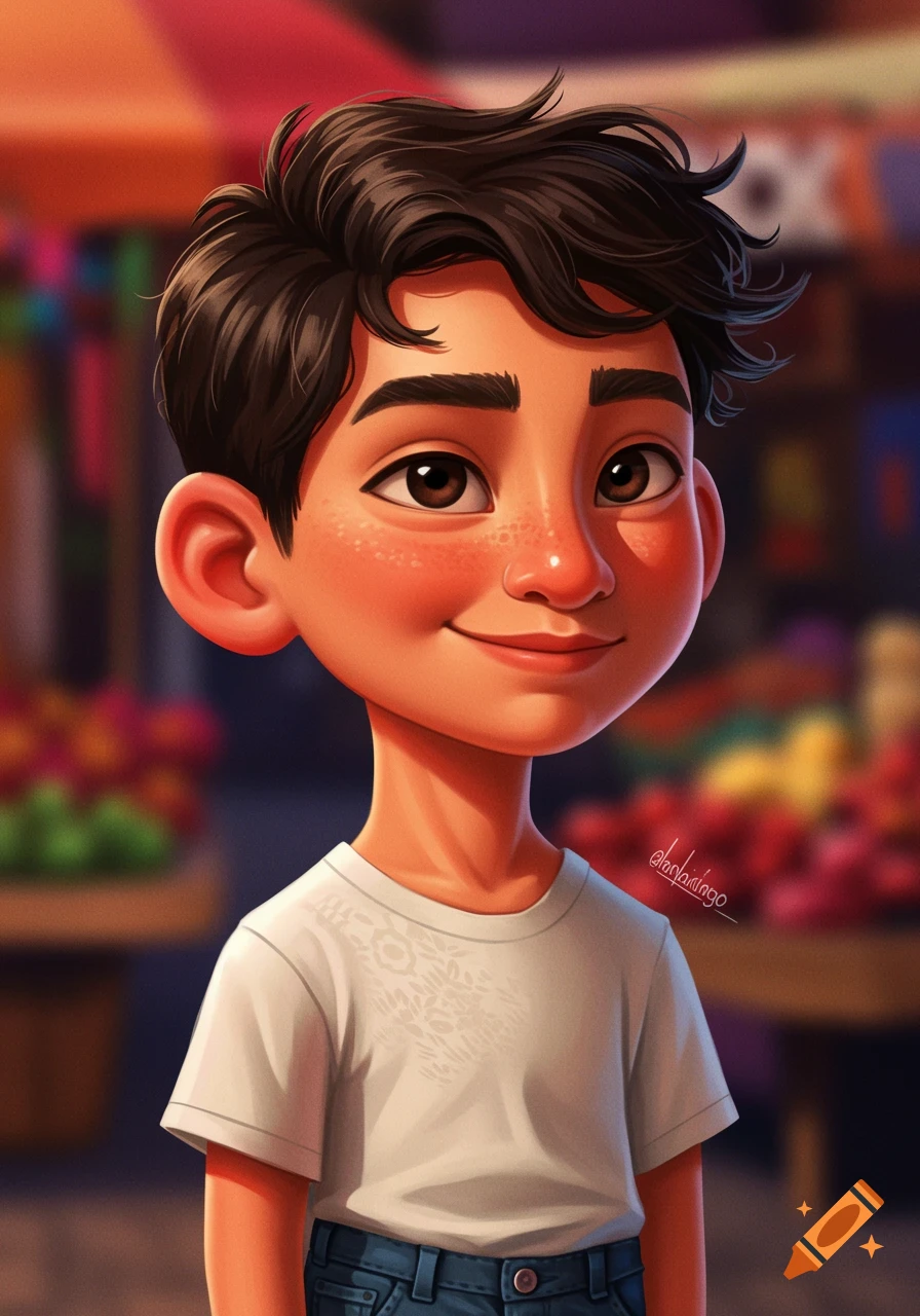 Cartoon portrait of a smiling boy with freckles in a white shirt and blue jeans, blurry background.