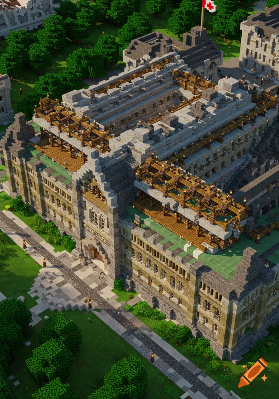 Minecraft rendering of a large stone building with a flag on top