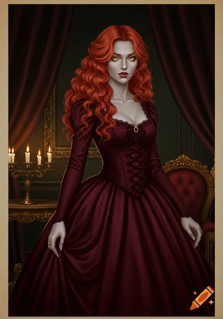 Illustration of a red-haired vampire woman in a dark vintage dress with gold eyes and fangs, standing near a candelabra.