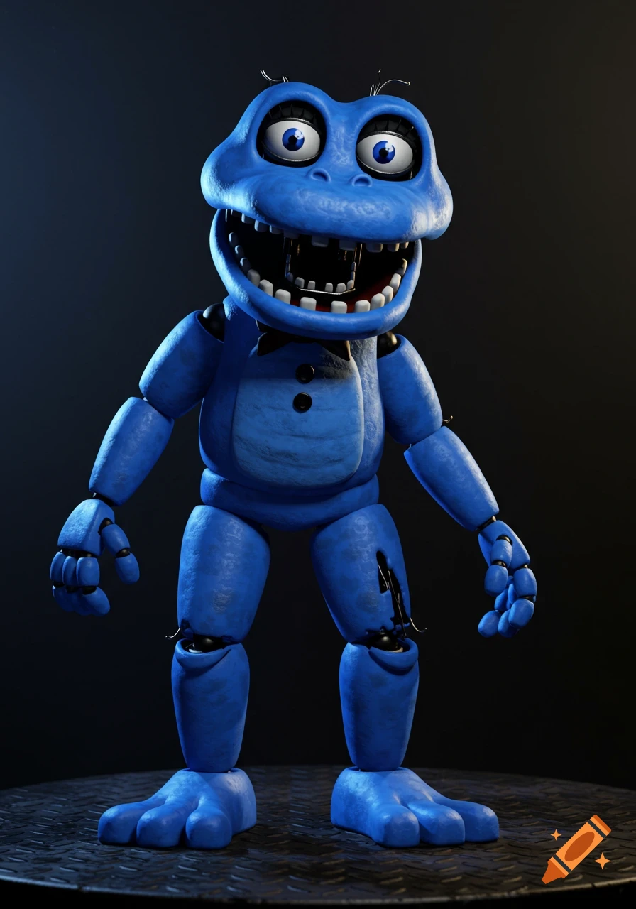 A blue frog animatronic character in the style of Five Nights at Freddy's stands on a metal grate.