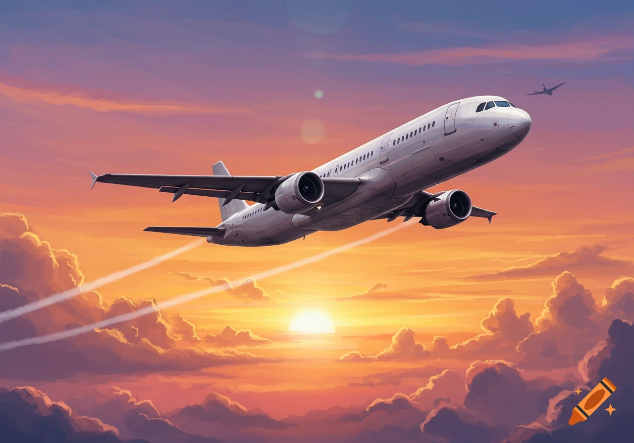 An airplane flying through a vibrant sunset sky with clouds and contrails.