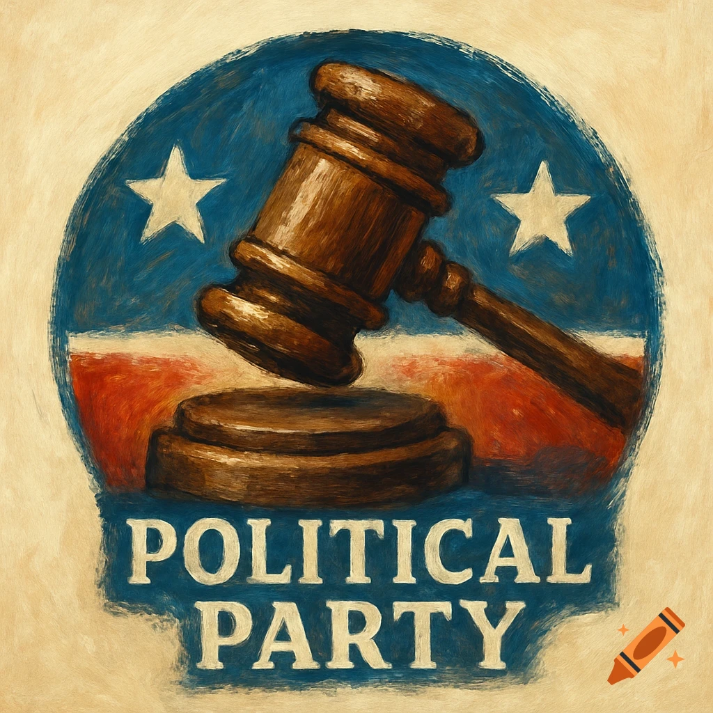 Painterly logo with a gavel and sound block over a US flag background with two stars and the text "POLITICAL PARTY".