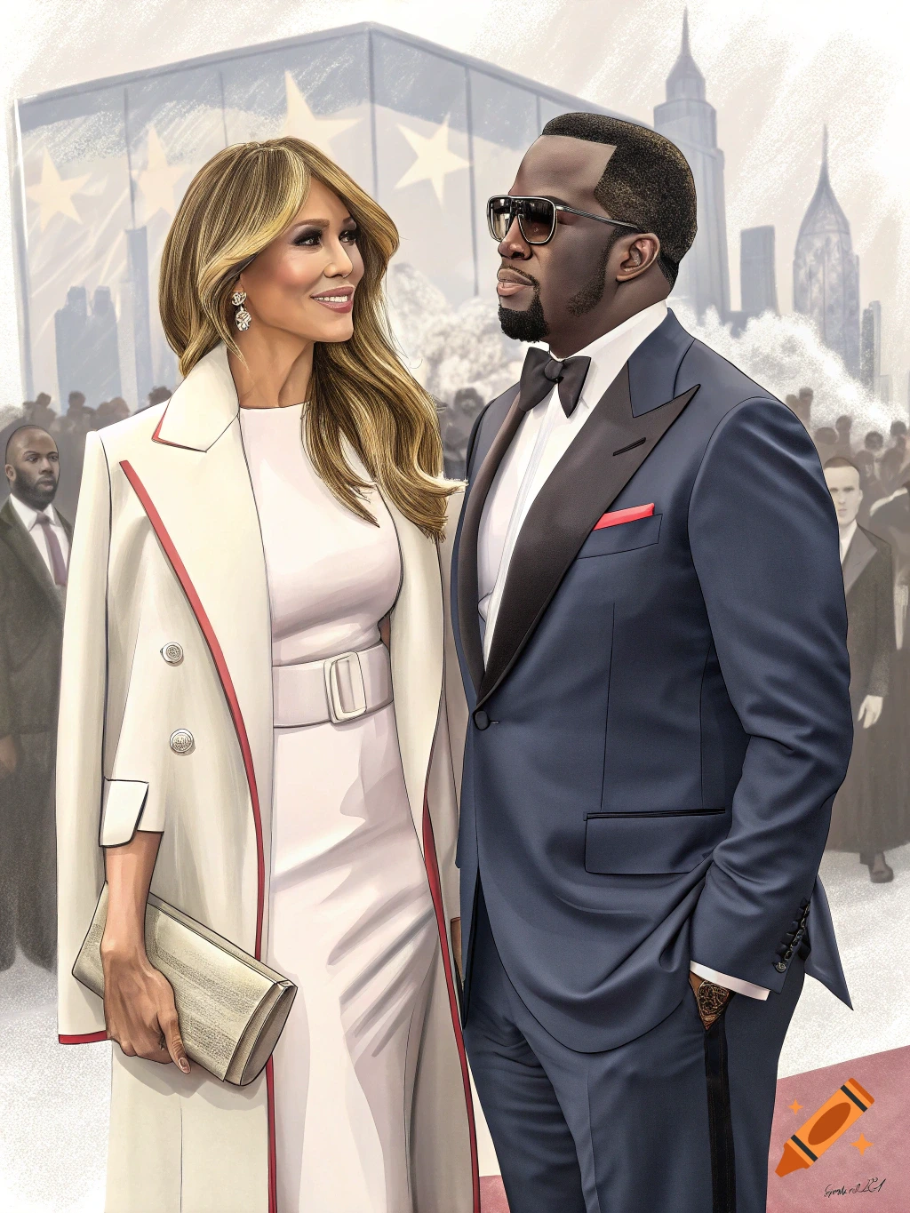 Illustration of Melania Trump and Sean Diddy Combs on a red carpet
