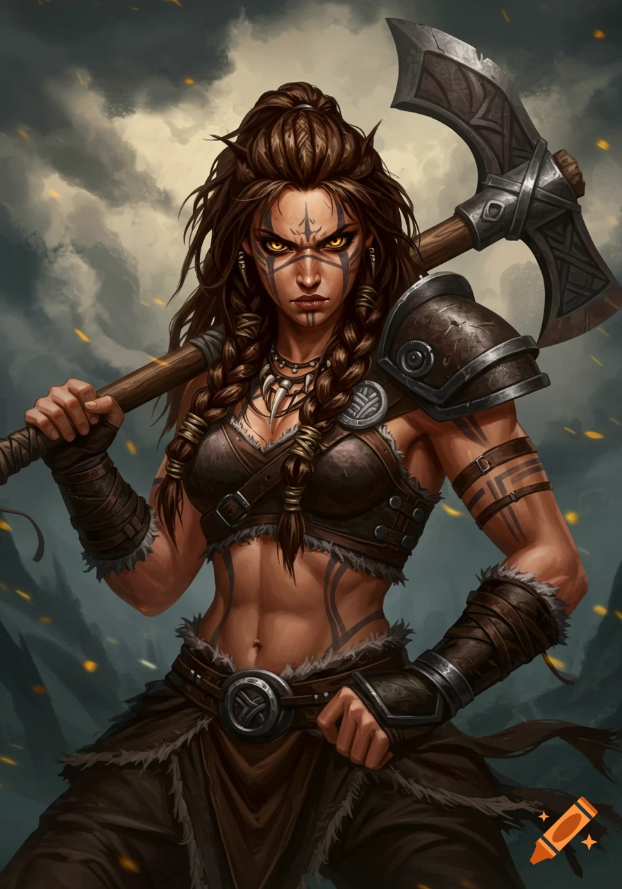 Fantasy portrait of a fierce female barbarian warrior with a great axe, brown braids, cat eyes, and face paint.