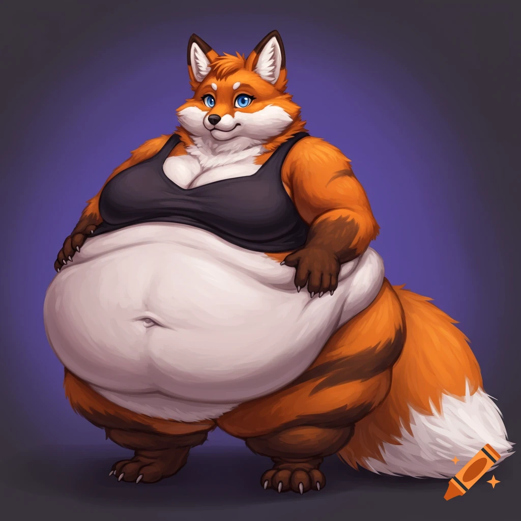 Digital illustration of a morbidly obese fox furry character wearing a black tank top.