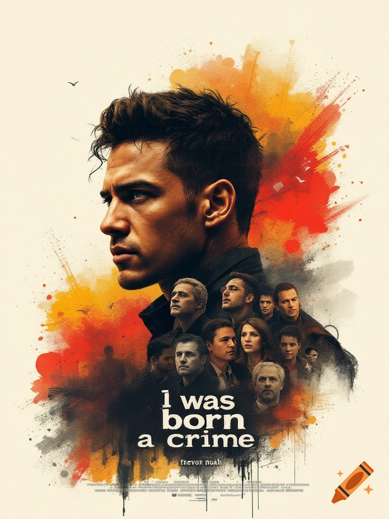 A movie poster for I Was Born a Crime features a portrait of a man and a collage of faces with paint splatters.
