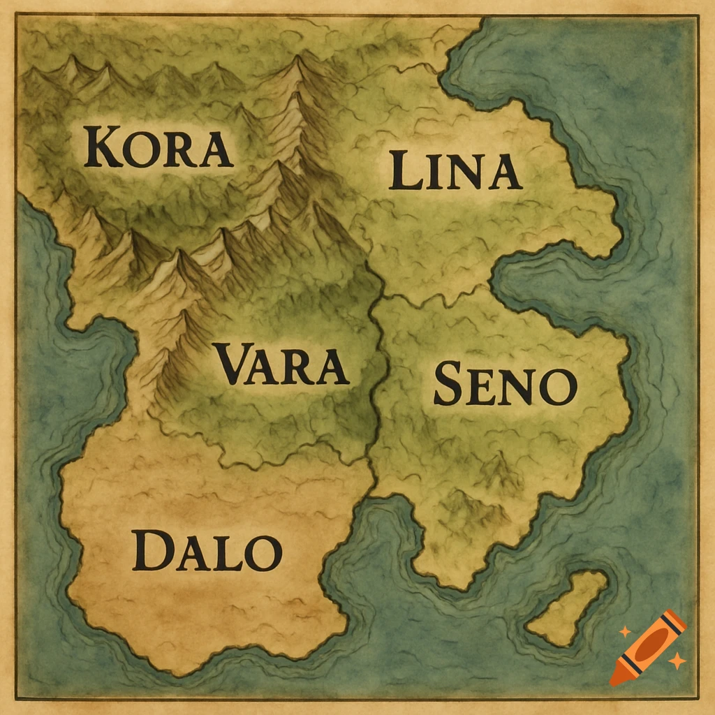 Hand-drawn fantasy map with regions Kora, Lina, Vara, Seno, and Dalo.