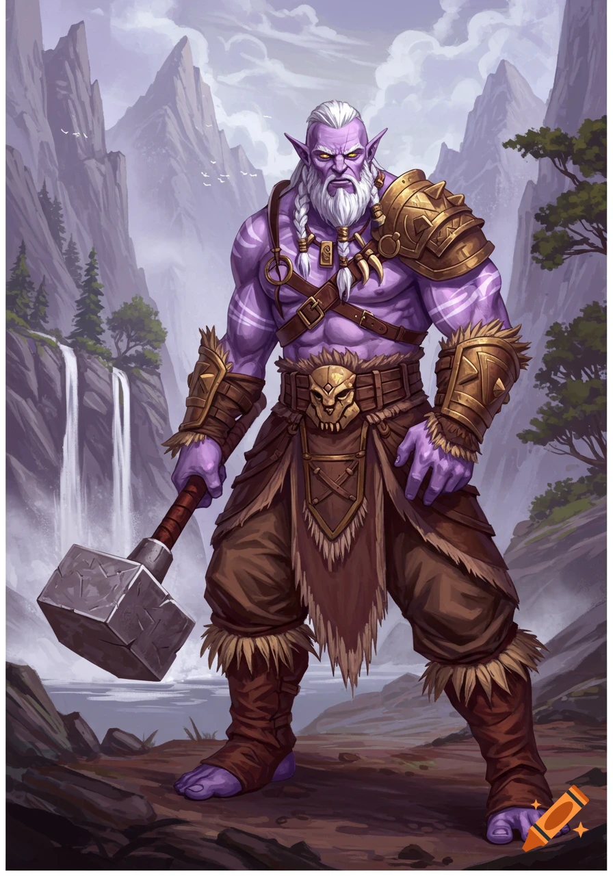 Illustrated purple-skinned fantasy creature in armor holding a hammer, in a mountainous landscape with a waterfall.