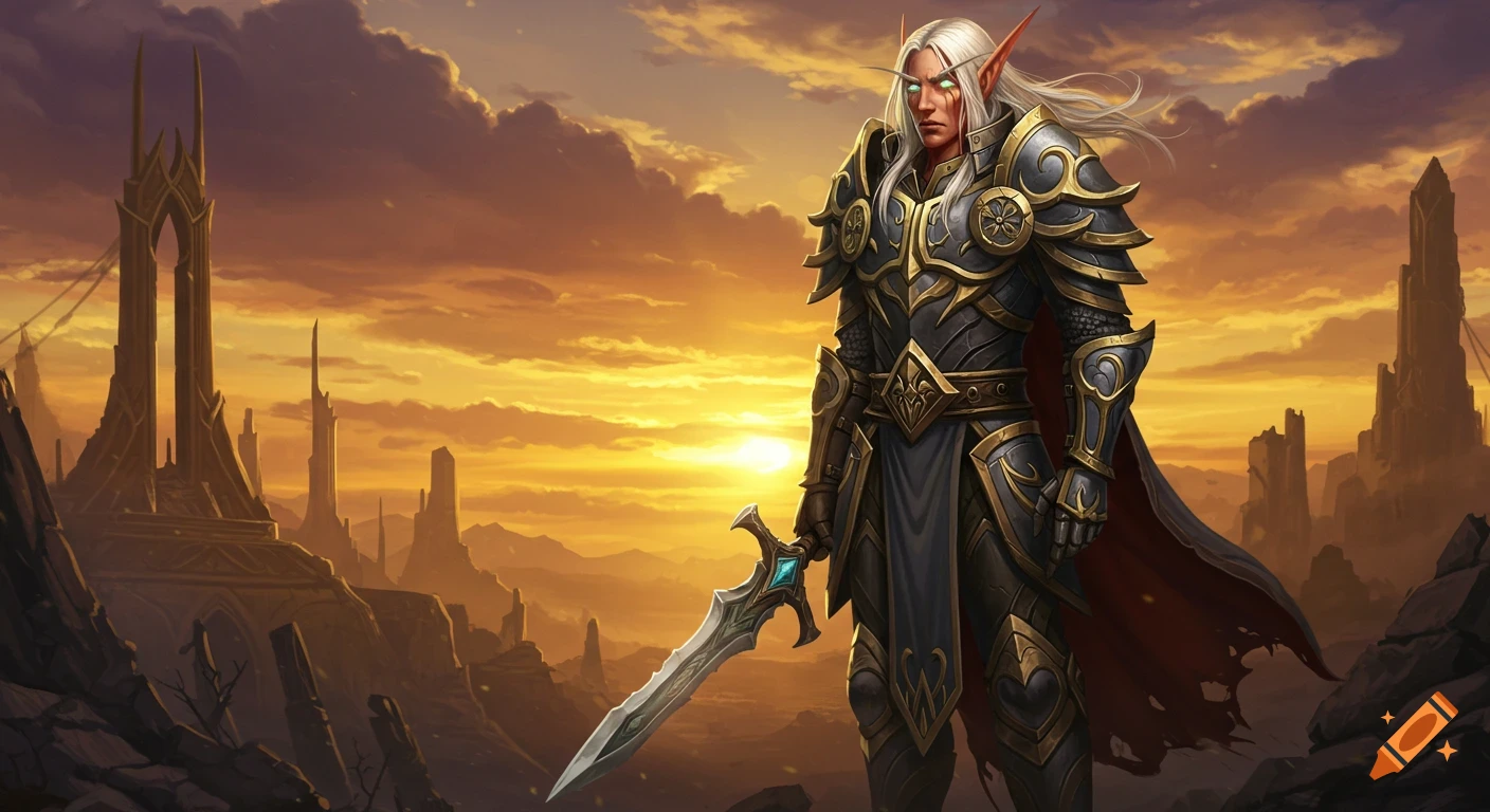A blood elf paladin in ornate armor stands with a glowing sword in a fantasy landscape at sunset.