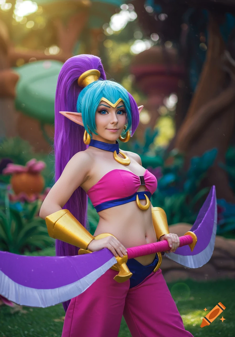 Woman cosplaying as Shantae holding swords in a park