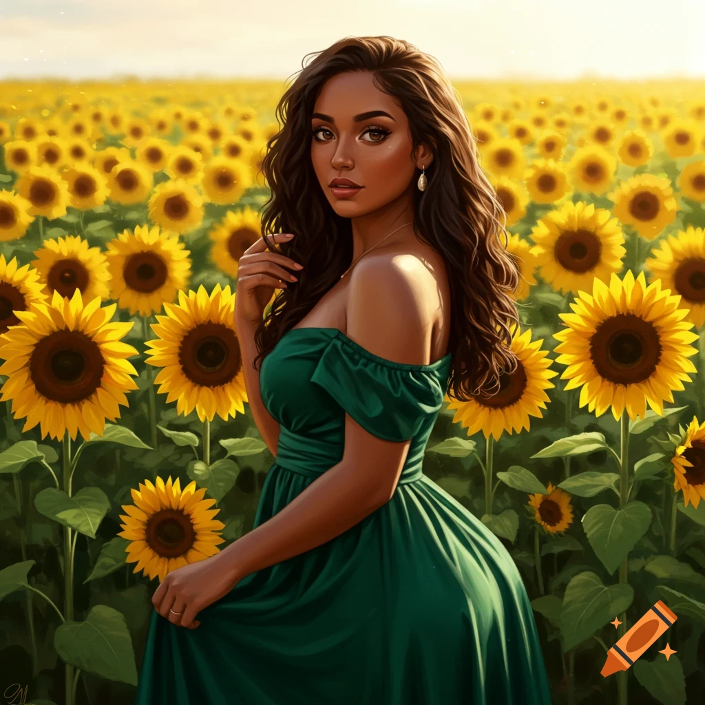 A woman in a green dress stands in a field of sunflowers.