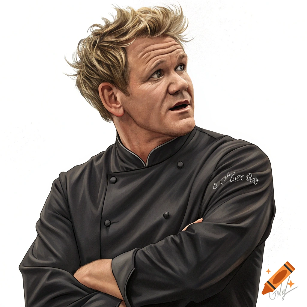 Illustration of a chef with blond hair, arms crossed, looking up with a surprised expression.