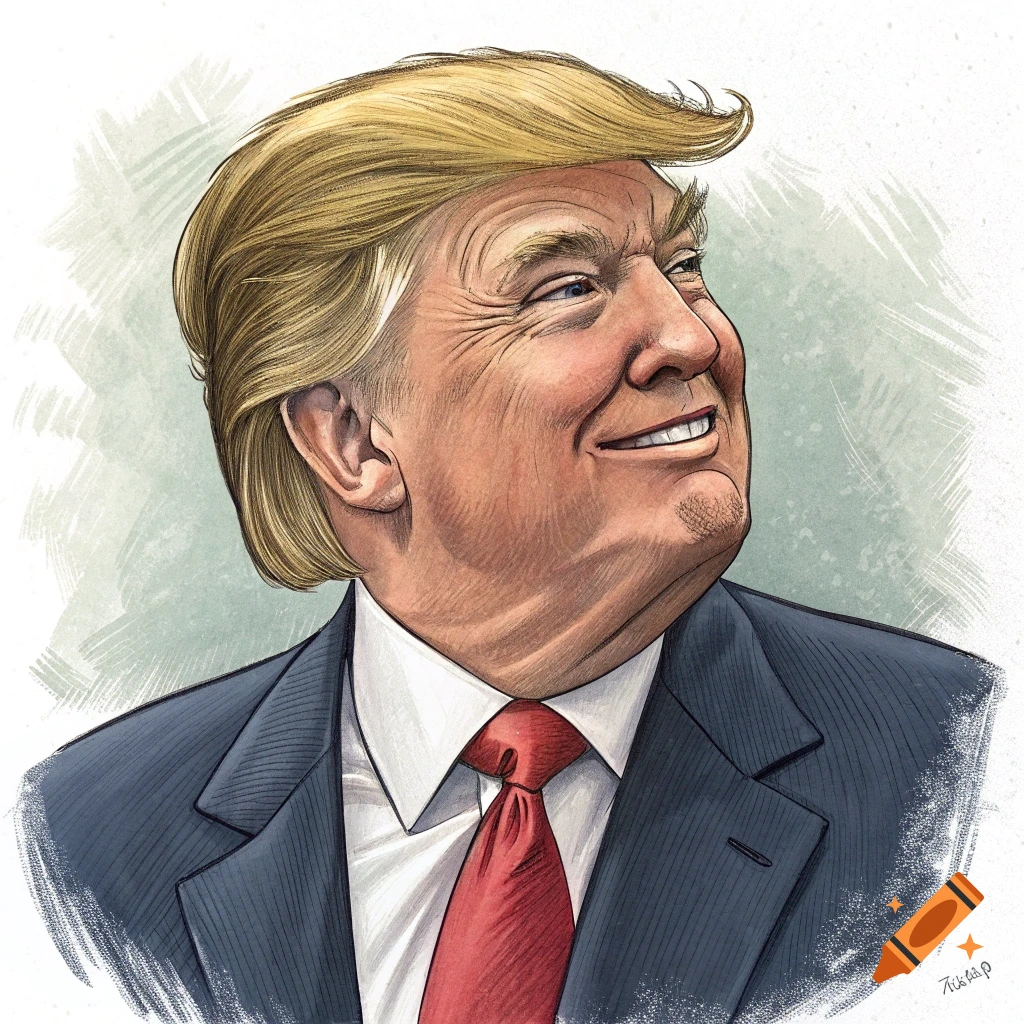 Cartoon portrait of Donald Trump looking up and smiling