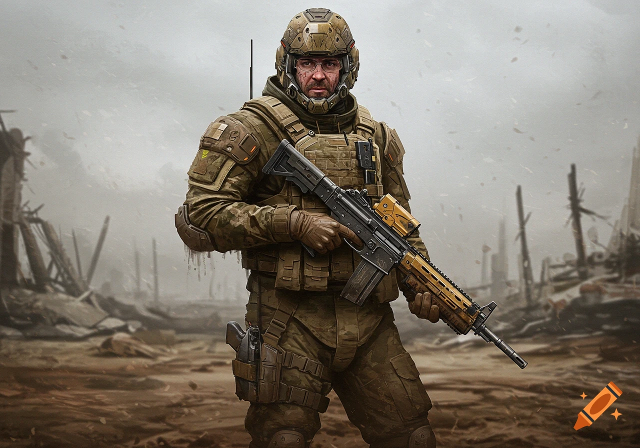 Modern soldier in combat gear stands in a muddy, destroyed environment, holding an assault rifle.