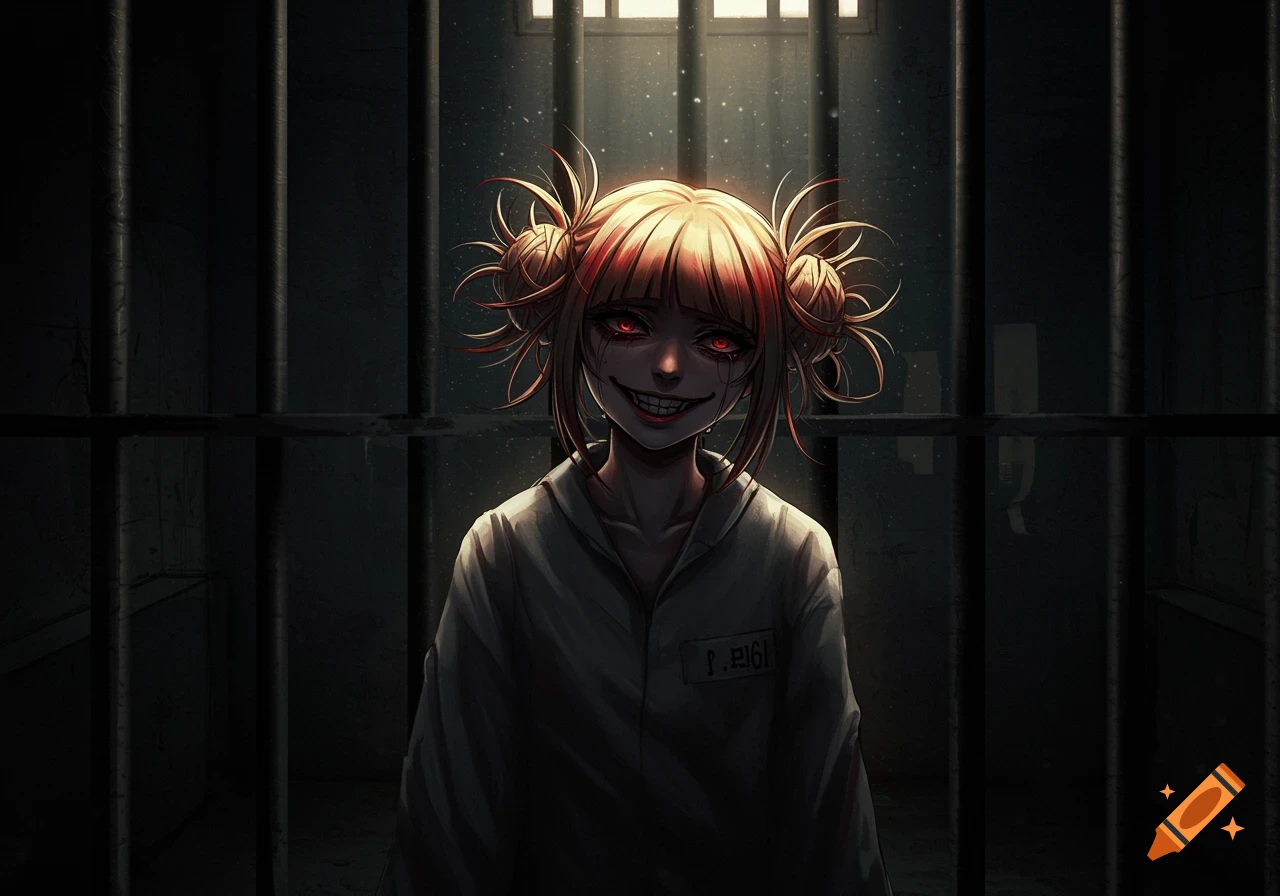 Anime character with red eyes and creepy smile in a prison cell.