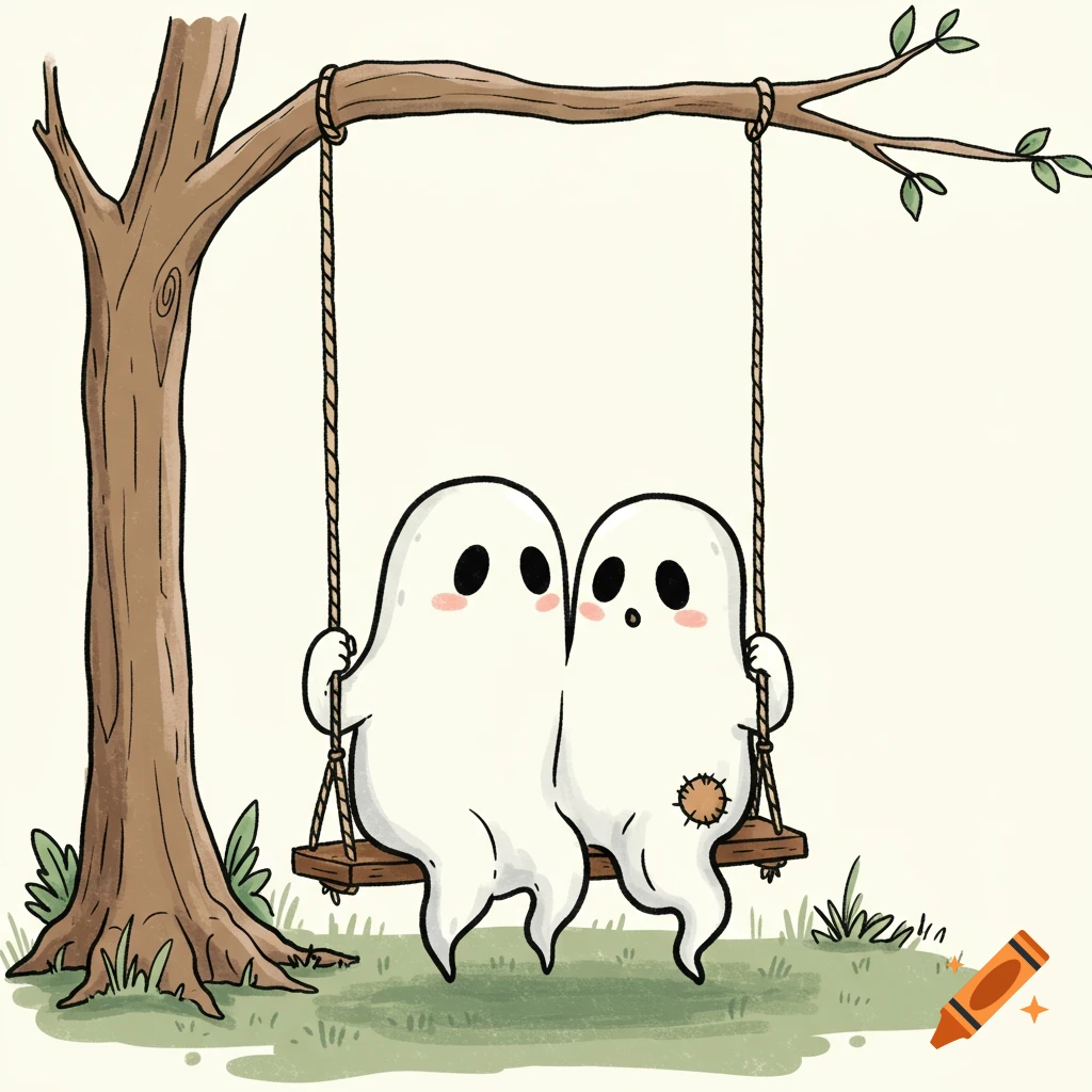 Two cute cartoon ghosts sit together on a swing hanging from a tree branch, drawn in a hand-drawn style.