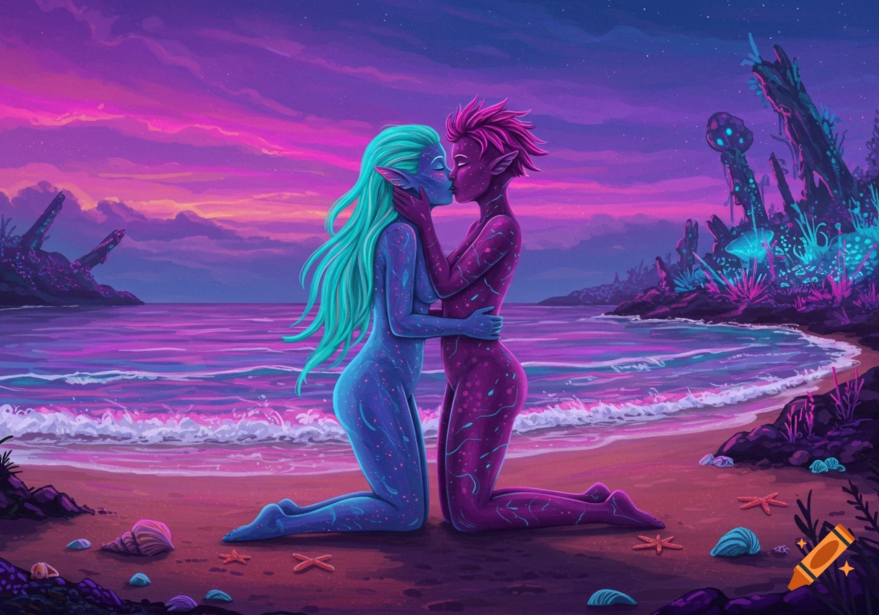 Two vibrant alien figures kiss on a beach at sunset, surrounded by glowing alien flora.