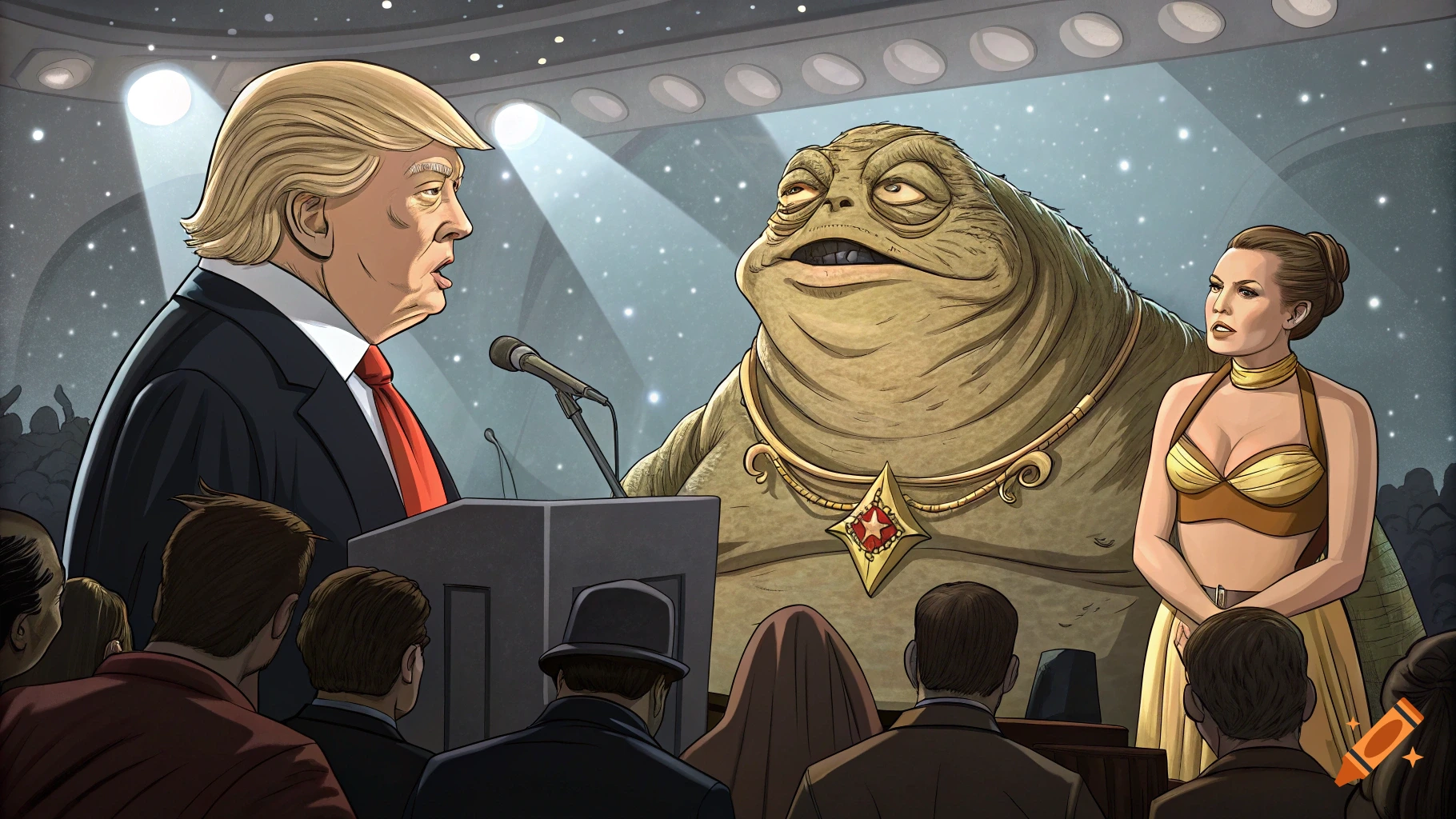 Cartoon caricature of Trump speaking at a podium with Jabba the Hutt and Princess Leia beside him.