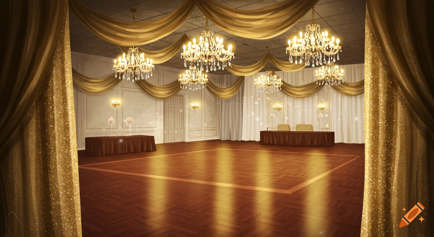 Empty ballroom with chandeliers and golden curtains