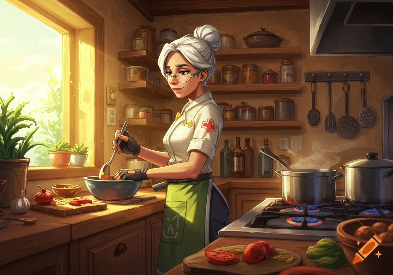 A stylized illustration of Ana from Overwatch cooking in a sunny kitchen.