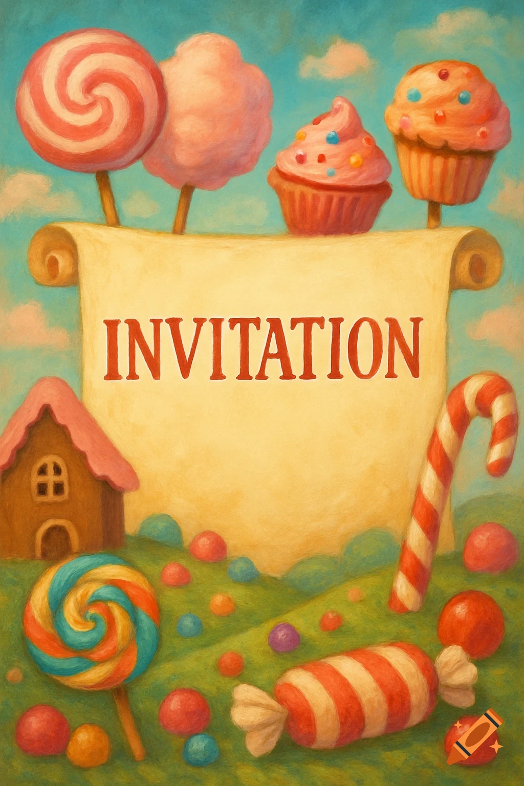 Candy land illustration with scroll text 'INVITATION', cupcakes, and lollipops.