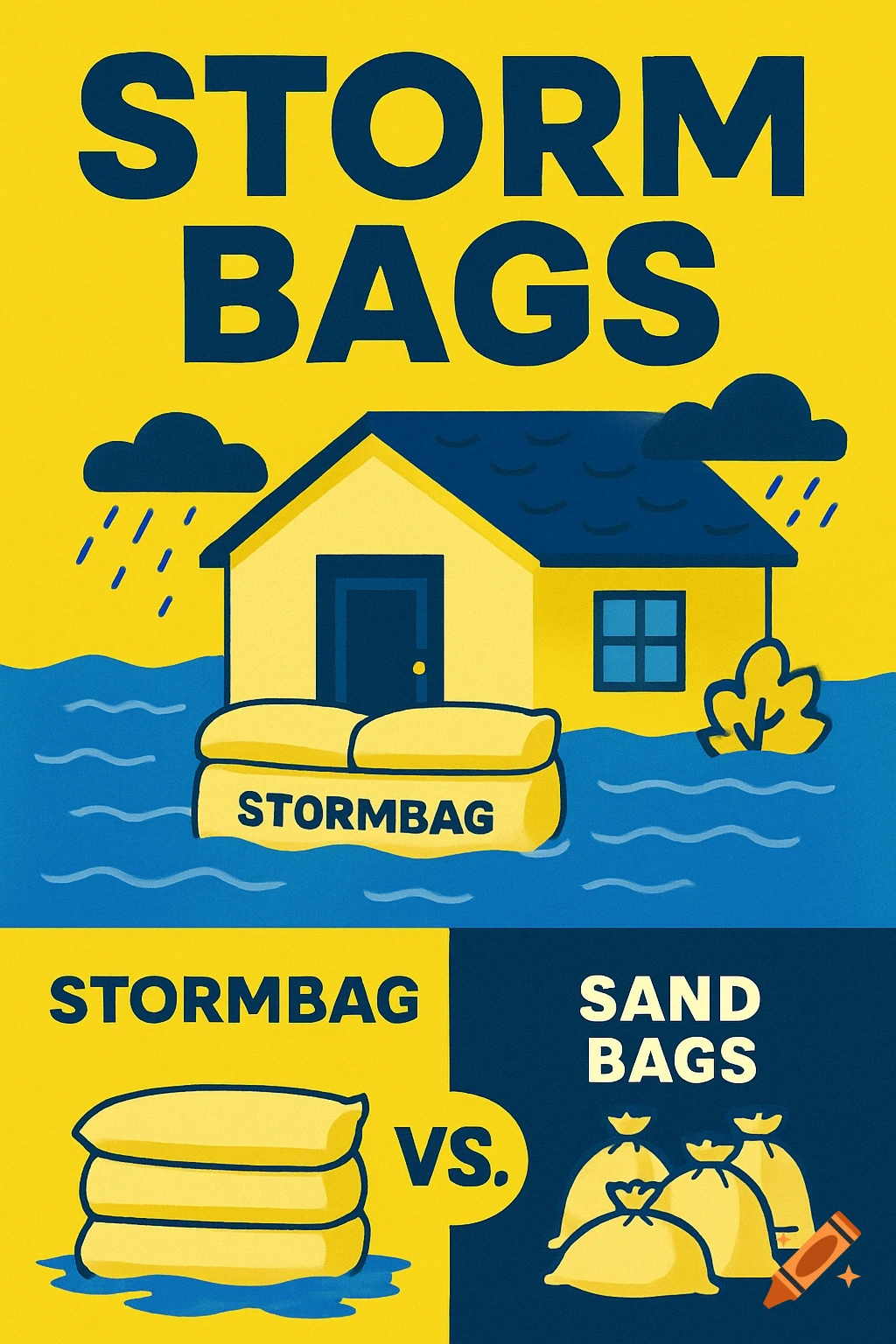 Cartoon illustration comparing storm bags and sand bags for flood protection with text STORM BAGS.