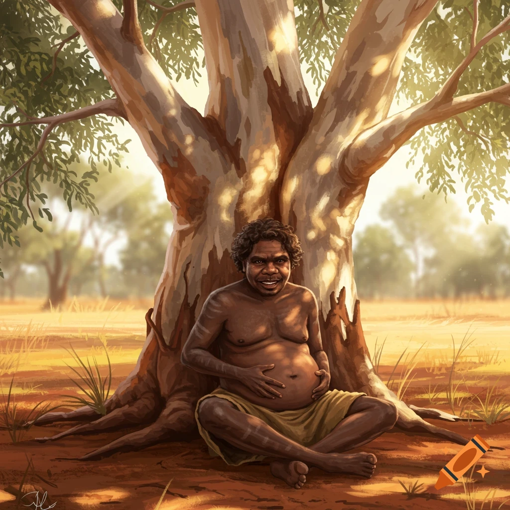 Illustration of an Aboriginal Australian man sitting under a tree, holding his stomach