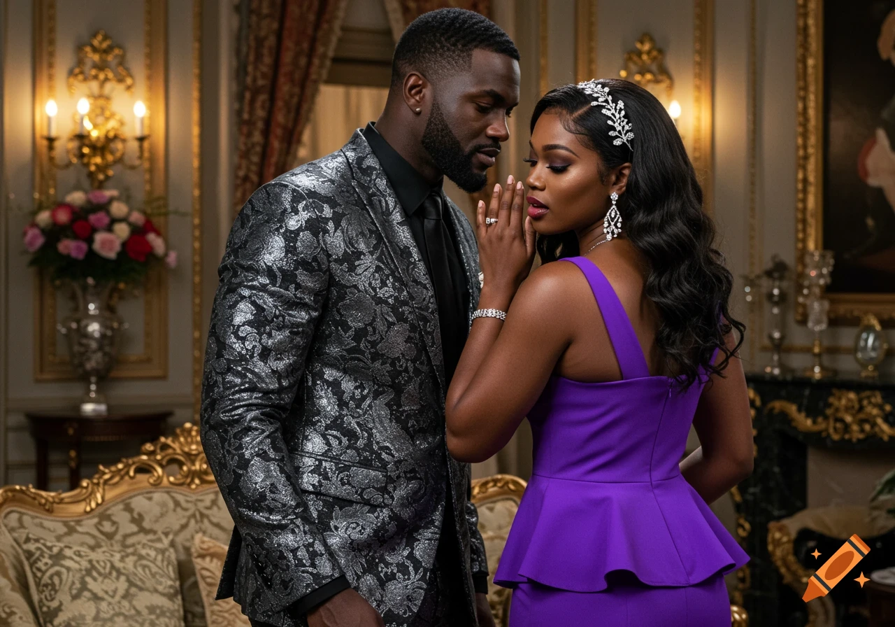 Man in silver suit whispering to woman in purple dress in opulent room