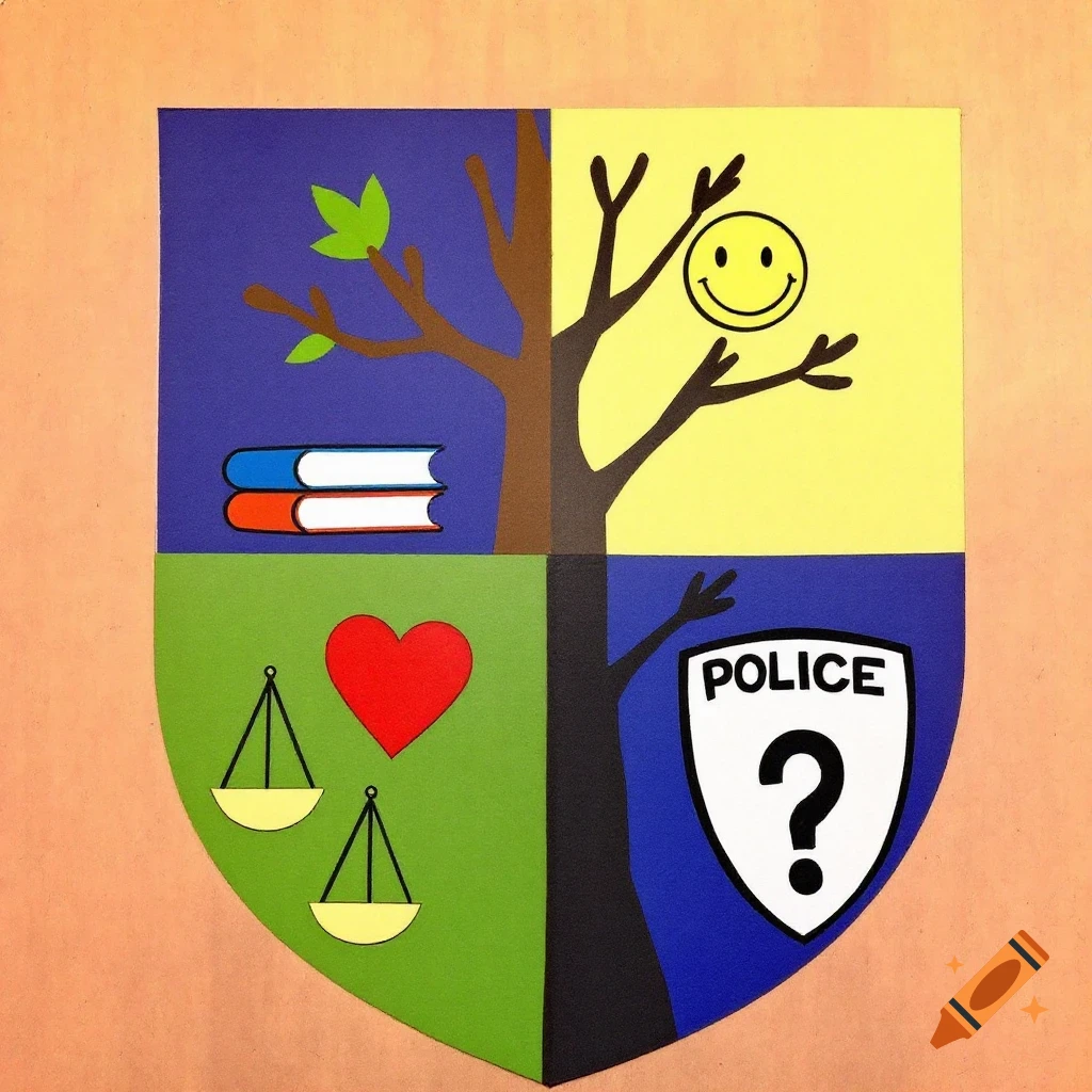 A colorful coat of arms divided into four quadrants with symbols: books, tree, smiley face, heart, scales of justice, and a police badge with a question mark.