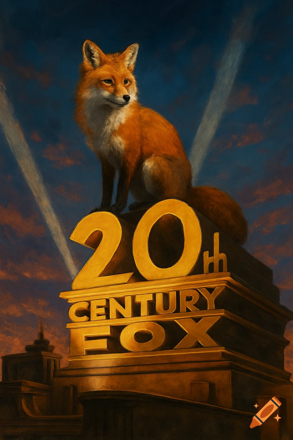 A fox sits atop the golden 20th Century Fox logo structure at sunset.