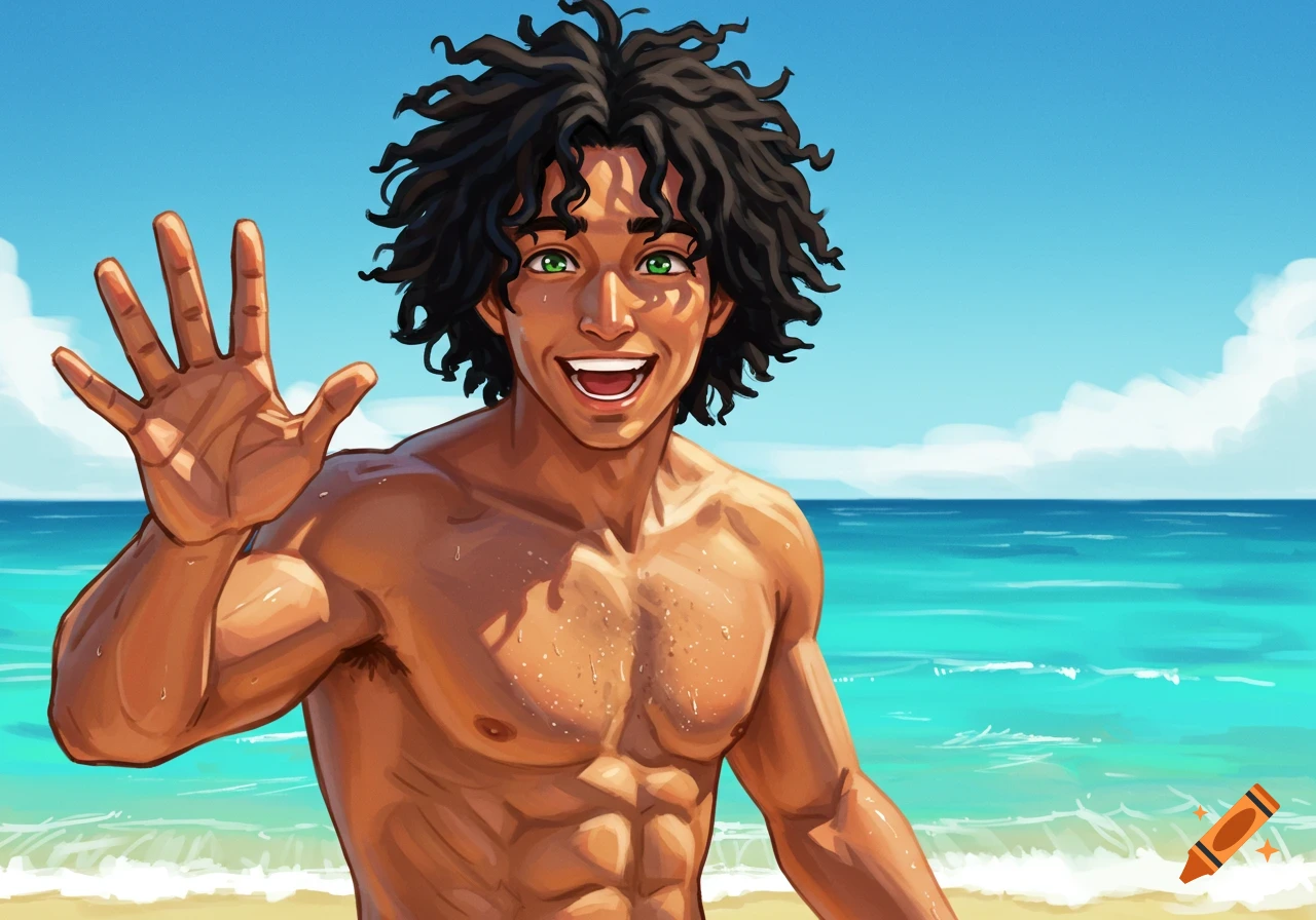A smiling man waves on the beach. Illustration style.