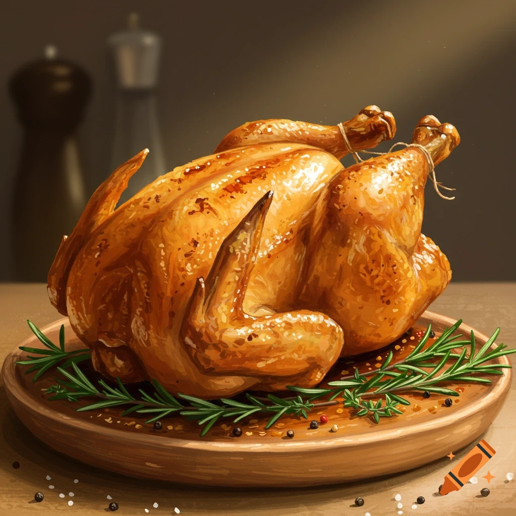 Roasted chicken on a wooden platter with rosemary and spices.