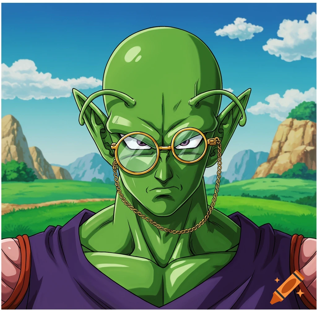 Piccolo from Dragon Ball Z wearing a monocle in an anime landscape.