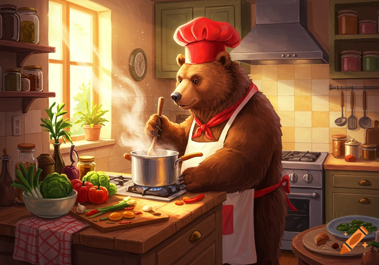 A brown bear wearing a chef hat and apron stirs a pot on a stove in a sunny kitchen.