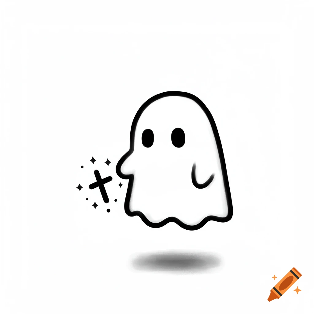 Cute cartoon ghost holding a glowing cross symbol.
