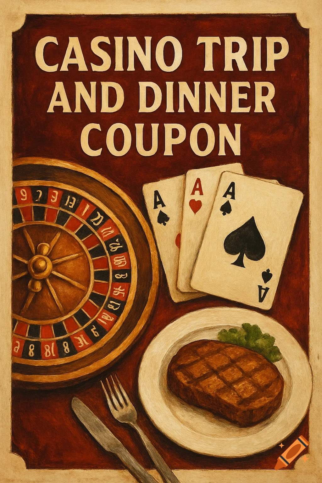Illustrated casino coupon featuring a roulette wheel, three aces playing cards, and a steak dinner.