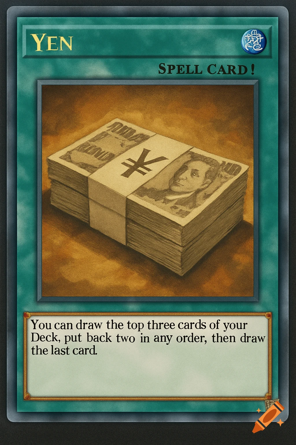 A Yu-Gi-Oh! style card named 'Yen' featuring a stack of Yen banknotes.