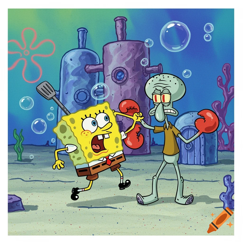 Spongebob Squarepants and Squidward Tentacles are fighting underwater in a cartoon style.