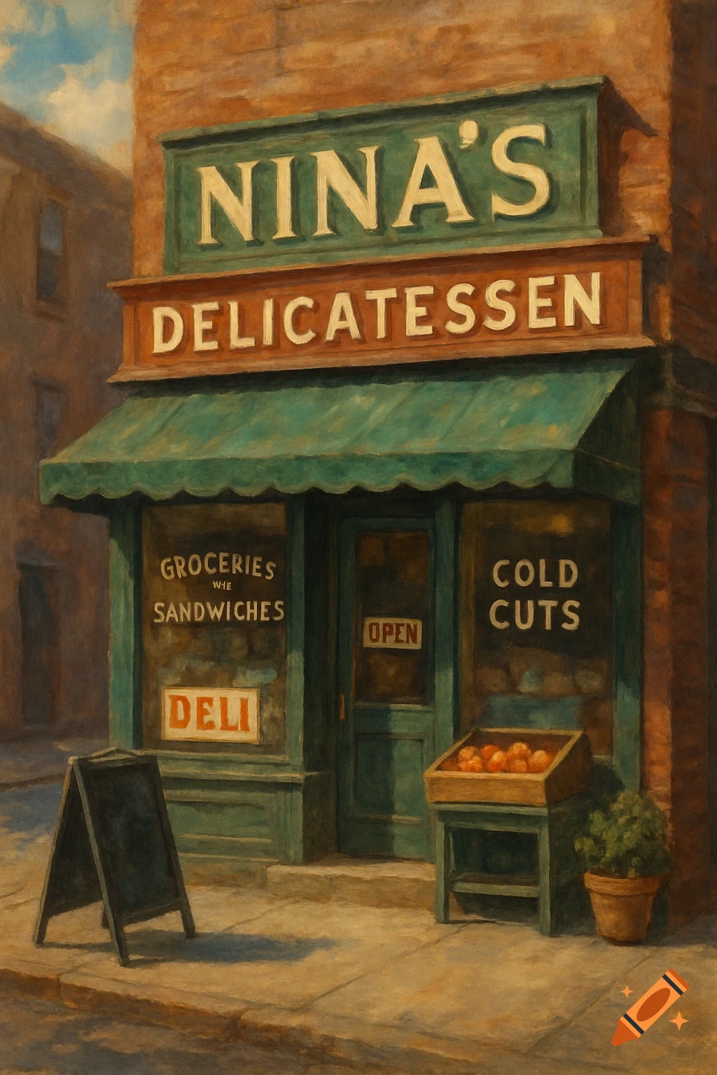 Painterly illustration of Nina's delicatessen storefront