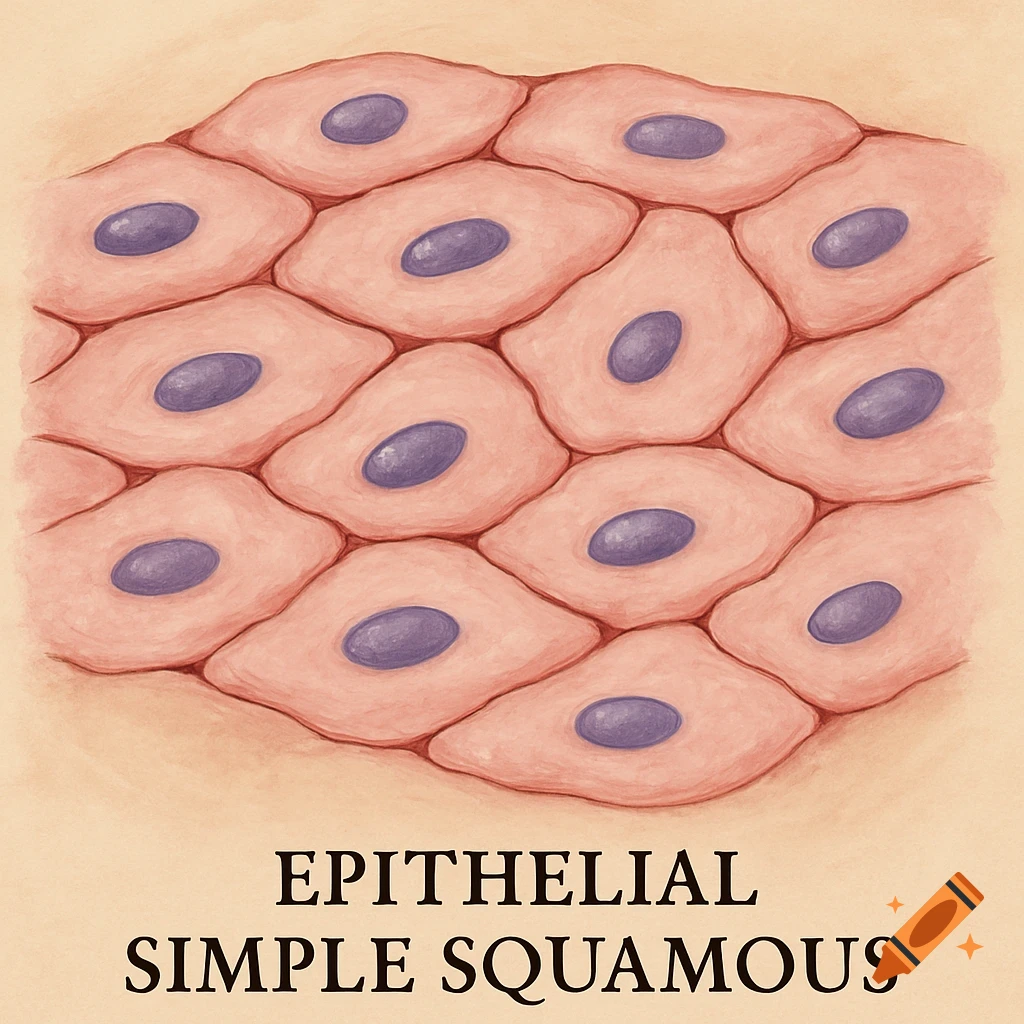 Watercolor illustration of epithelial simple squamous cells with nuclei.