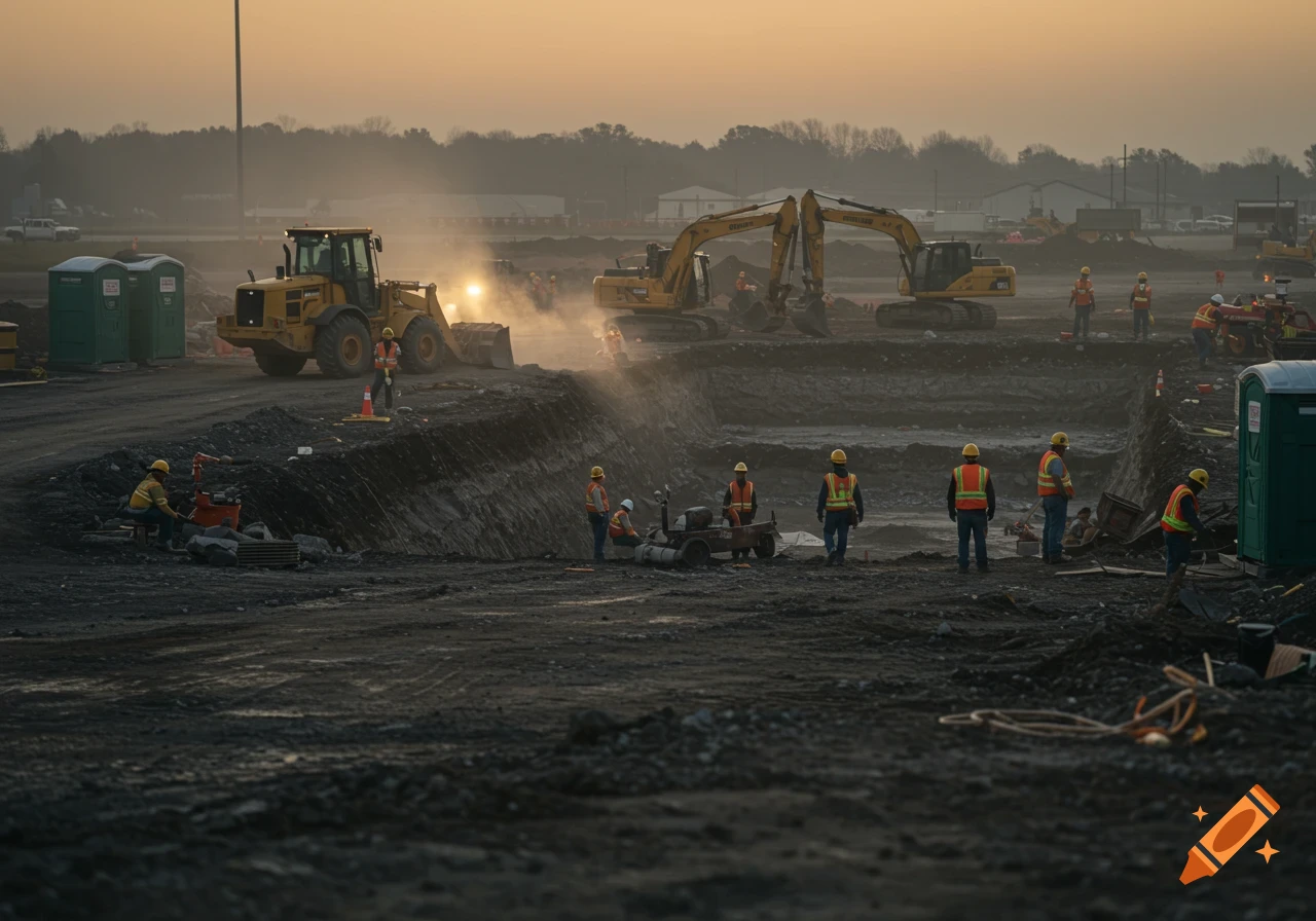 Construction workers and heavy machinery on a muddy site at dawn.