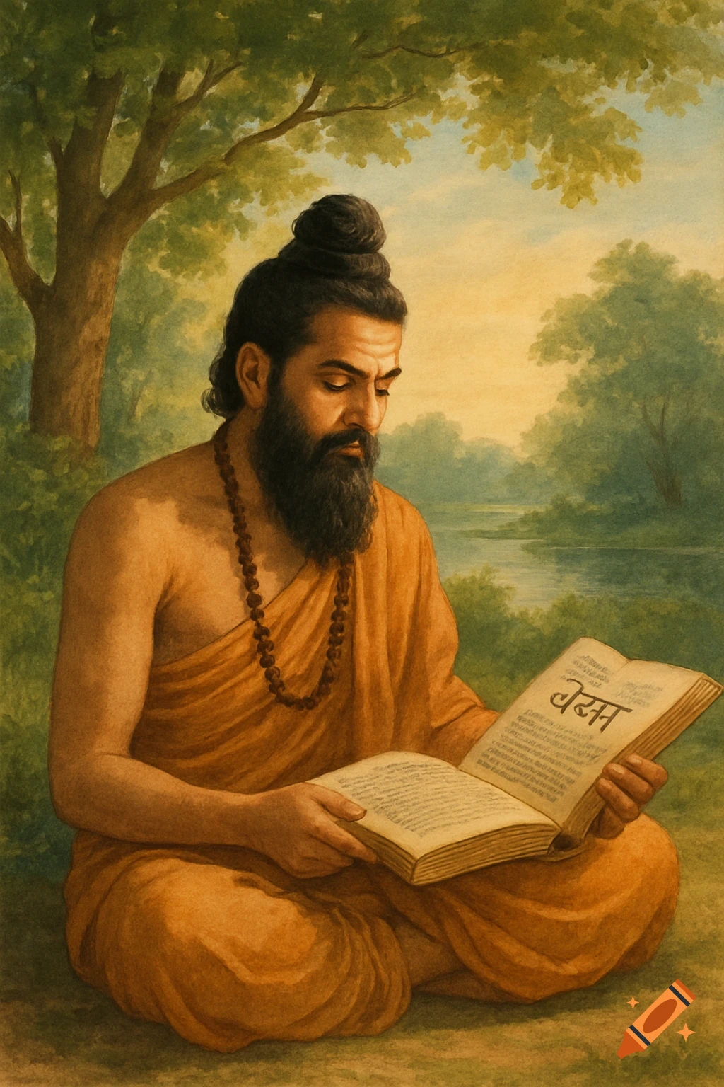 Painting of a man in saffron robes and prayer beads sitting in nature and reading a book.