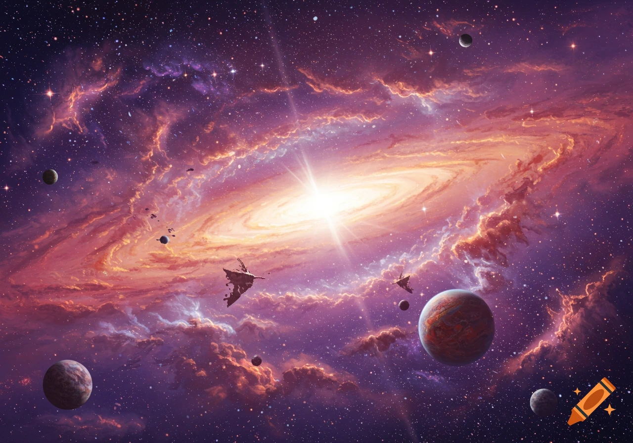 A vibrant space scene with a spiral galaxy, planets, and colorful nebulae.