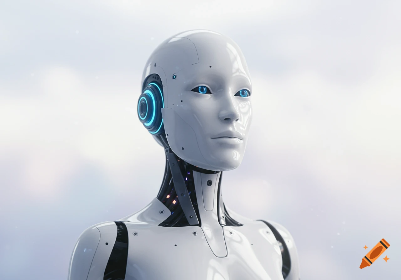 A futuristic AI humanoid robot with glowing blue eyes.