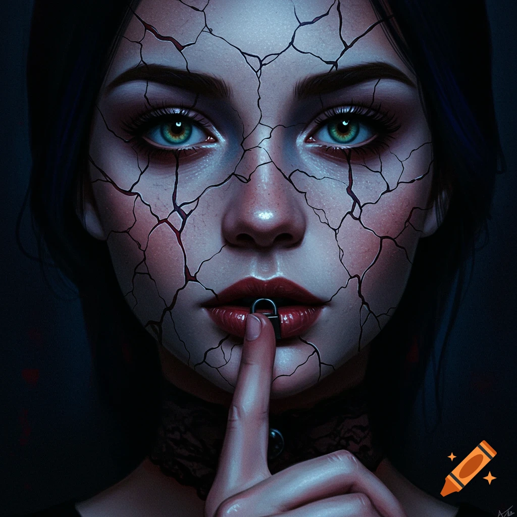 Close-up portrait of a girl with cracked skin on her face, a lock on her mouth, and a finger covering her lips.