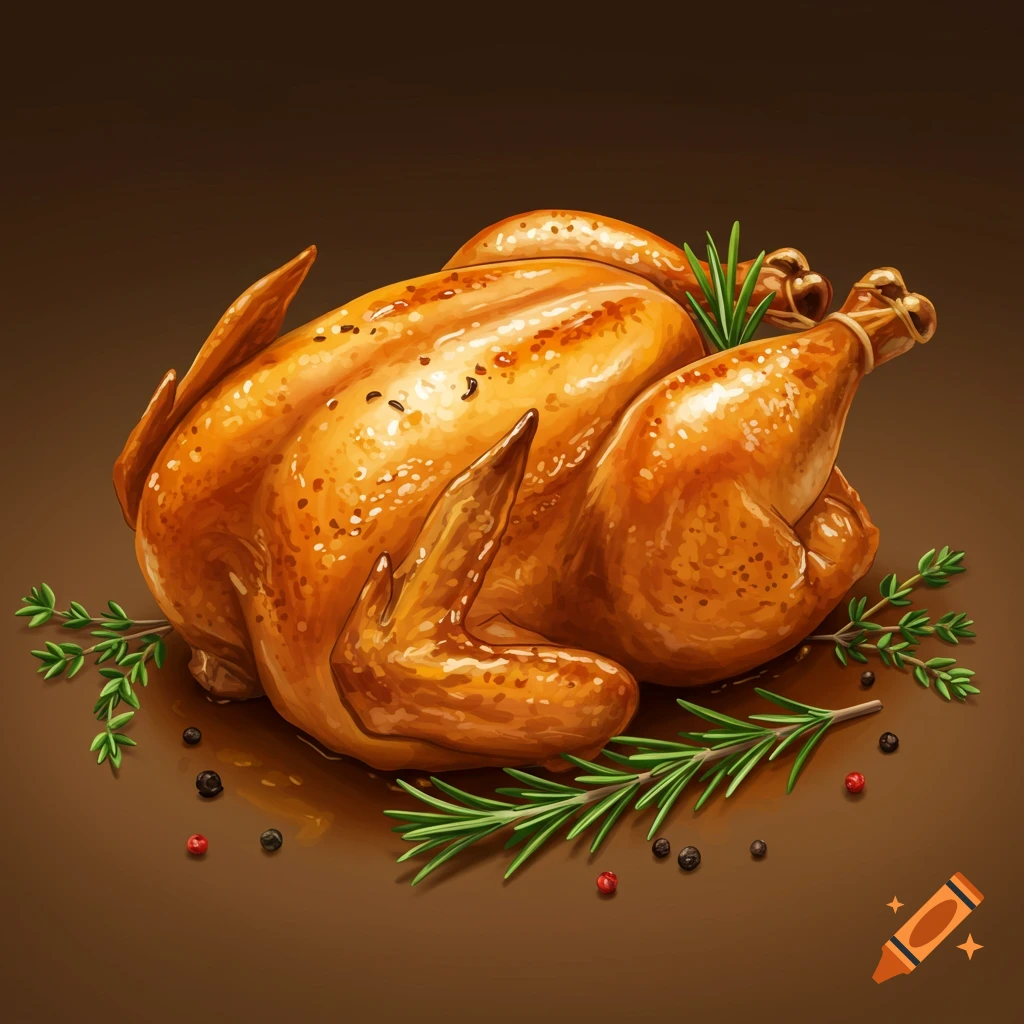 A roasted chicken garnished with rosemary and peppercorns on a brown background.