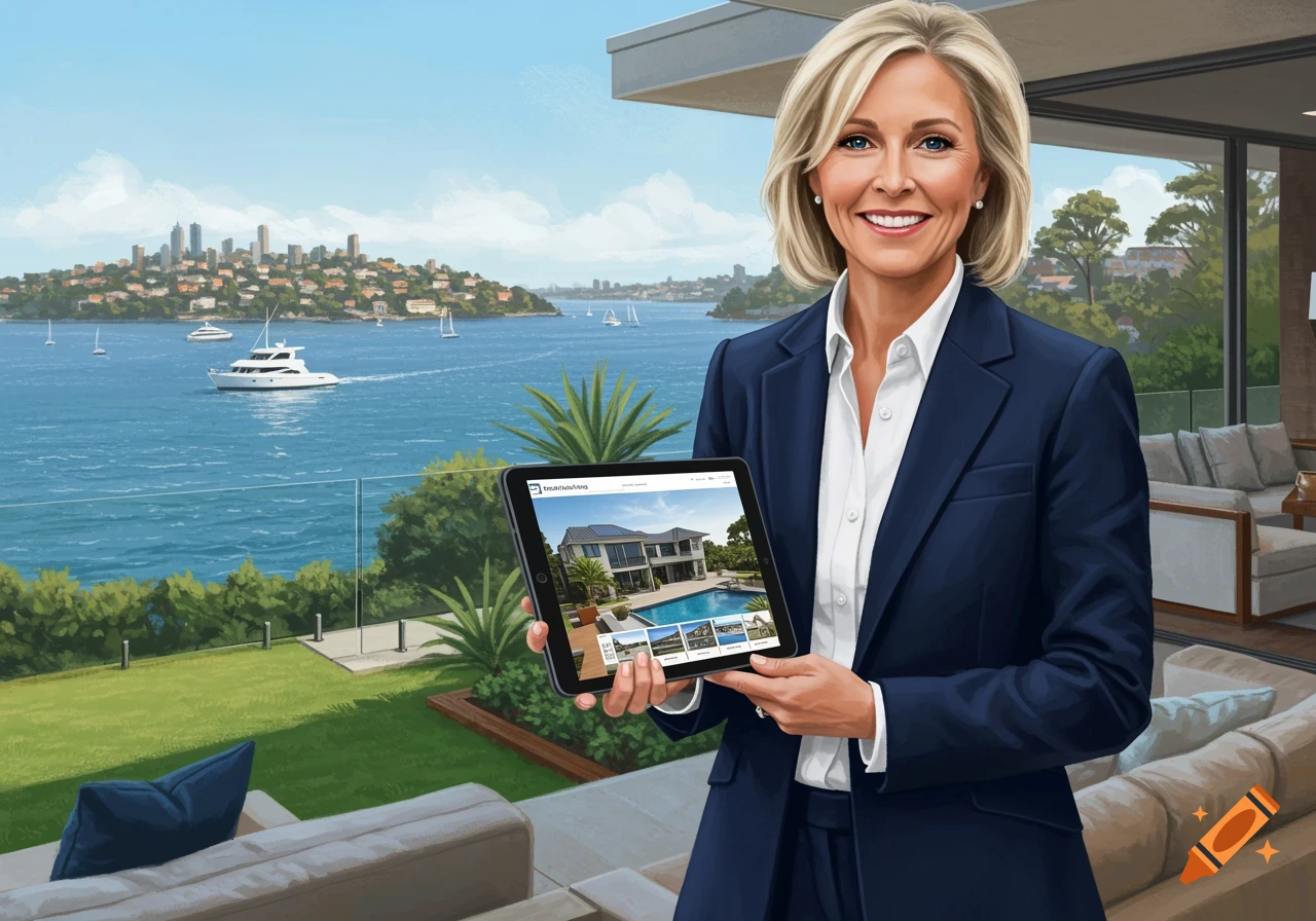 Illustrative portrait of a smiling real estate agent holding a tablet displaying a house listing, with a city waterfront view in the background.