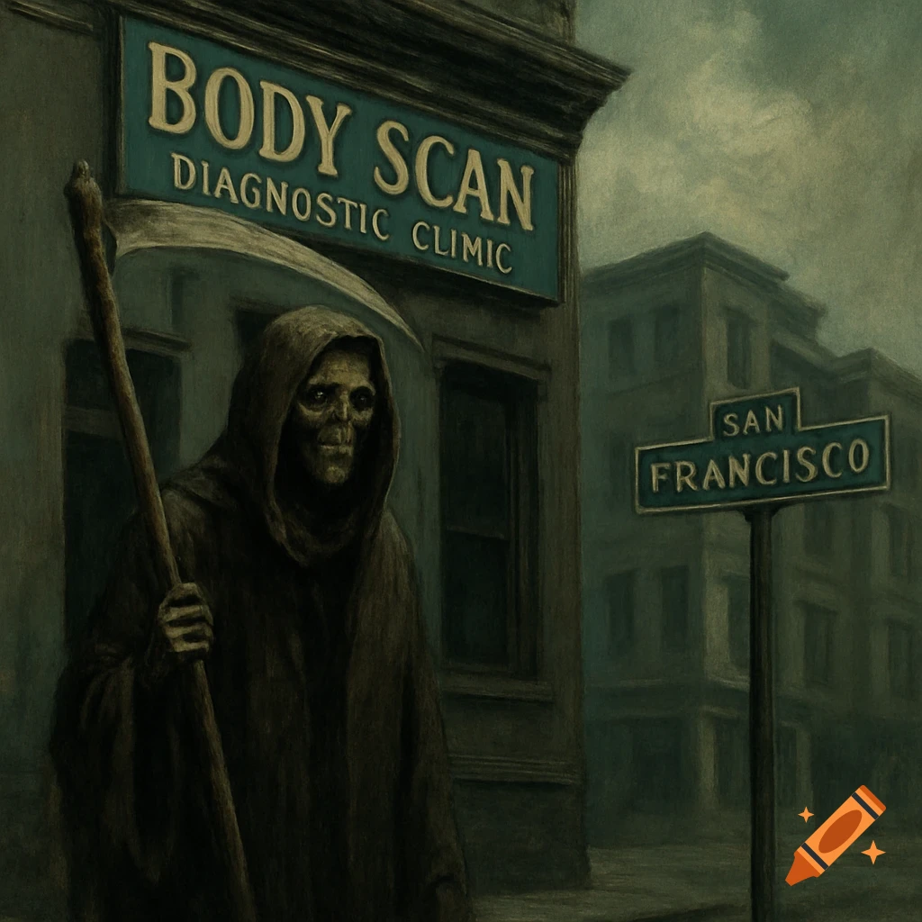 Grim Reaper standing in front of a Body Scan Diagnostic Clinic in San Francisco. Dark painting style.