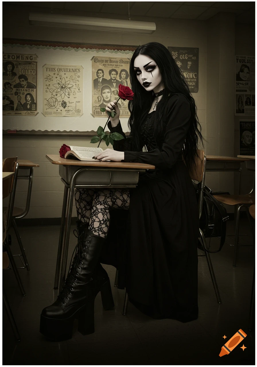 A goth girl with dramatic makeup sits at a desk in a classroom, holding a red rose. Posters hang on the wall behind her.